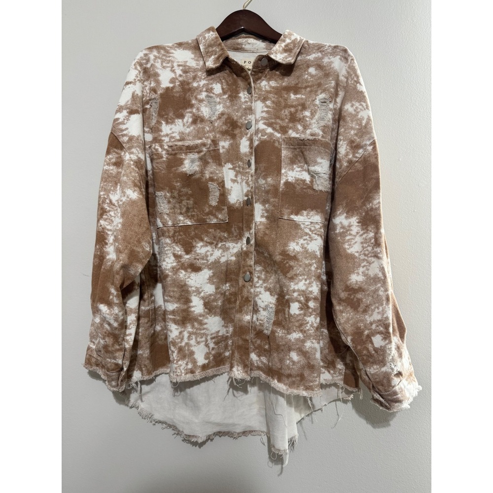 POL Womens Brown Tie Dye Distressed Denim Shacket Oversized Shirt Jacket Large - Picture 2 of 13